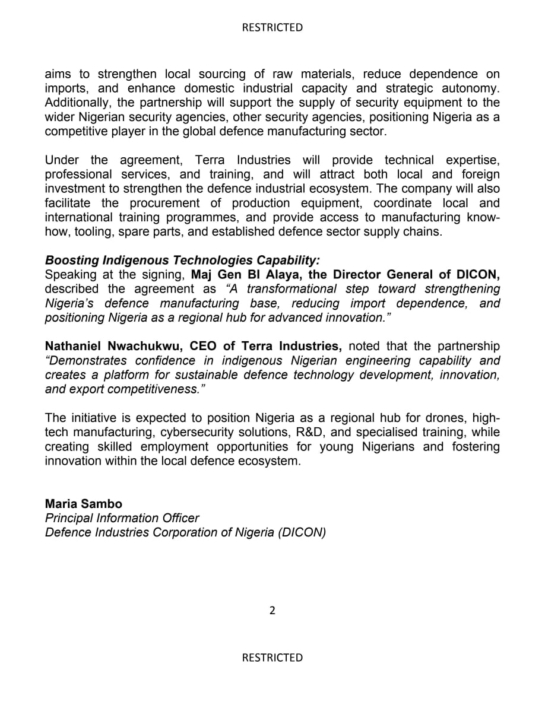 PRESS RELEASE - The Defence Industries Corporation of Nigeria (DICON)